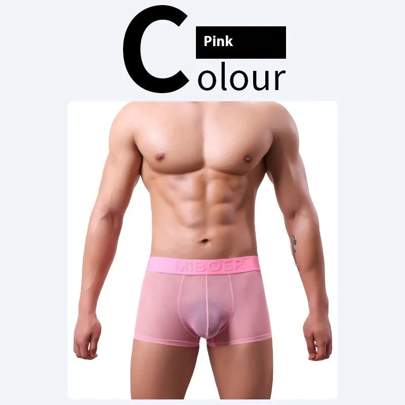 Men's thin invisible breathable boxer shorts in solid colours including black, white, and blue.