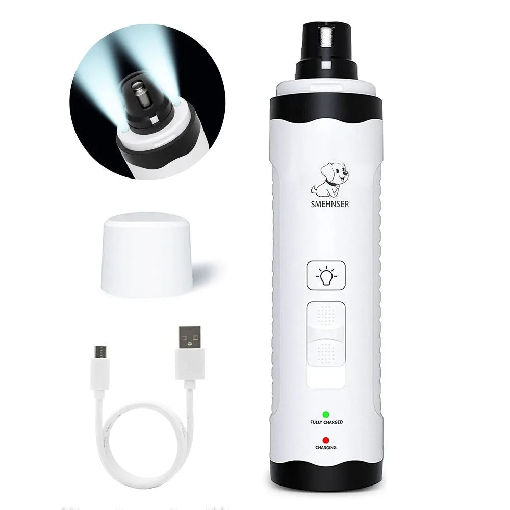 Electric dog nail grinder with LCD screen, LED lights, and a dust collection cup attached.
