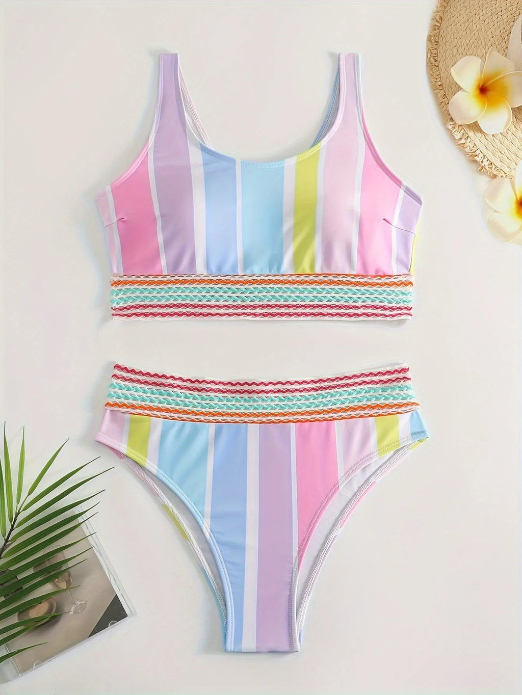 Women's striped sports casual bikini set with briefs, top and bottom shown.