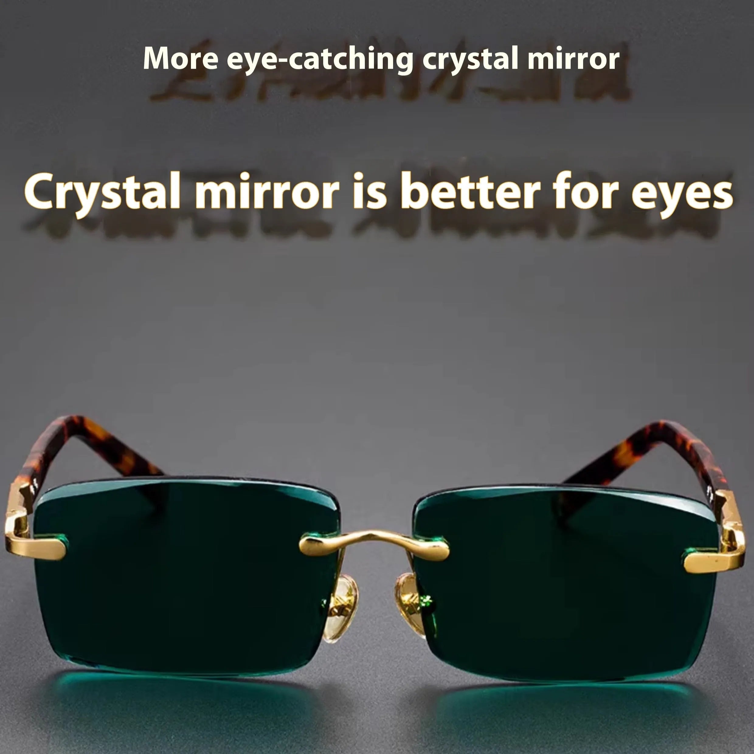 Dark green frameless crystal sunglasses on a case with a lens cloth.