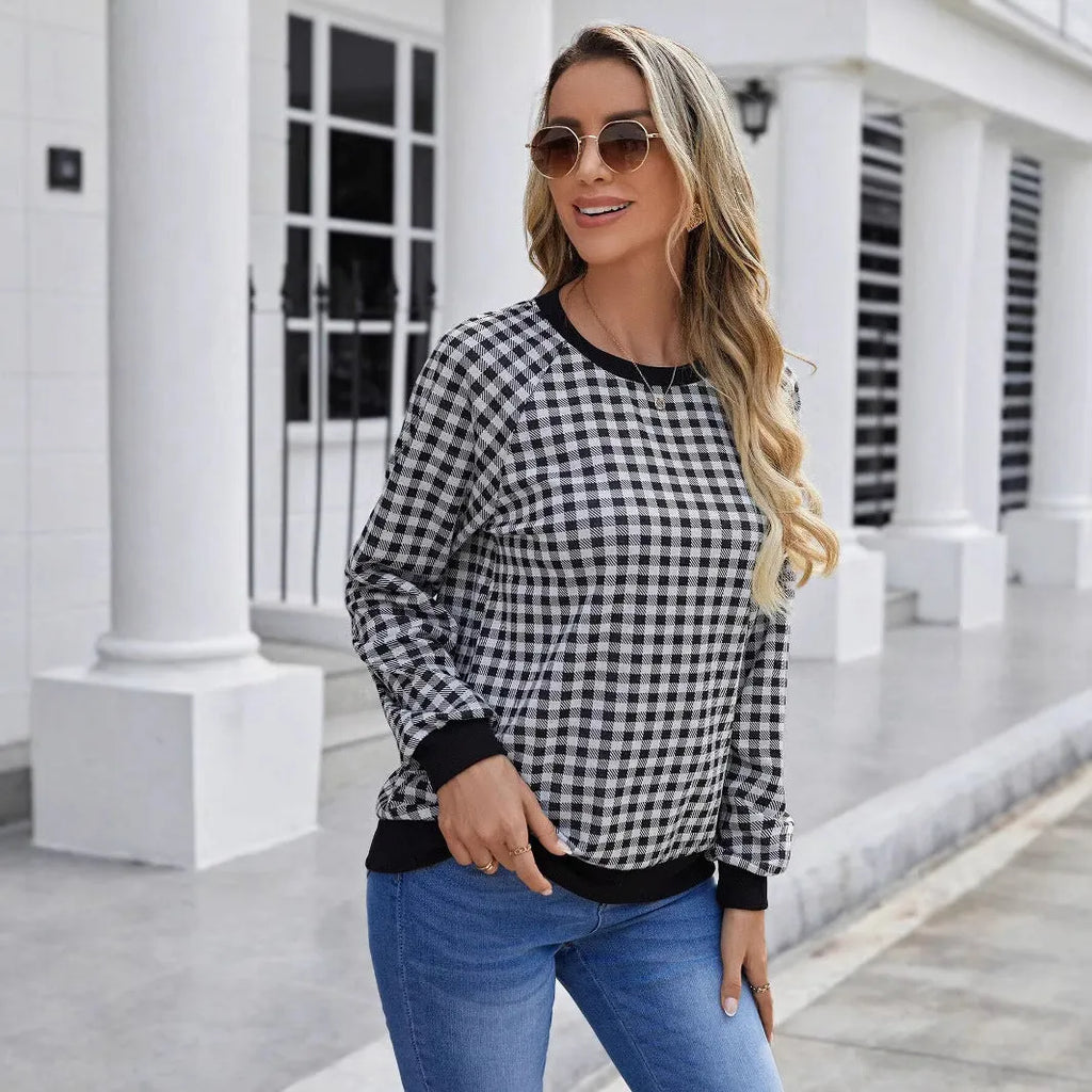 Black Japanese plaid pattern pullover sweater with long sleeves and stripe detailing
