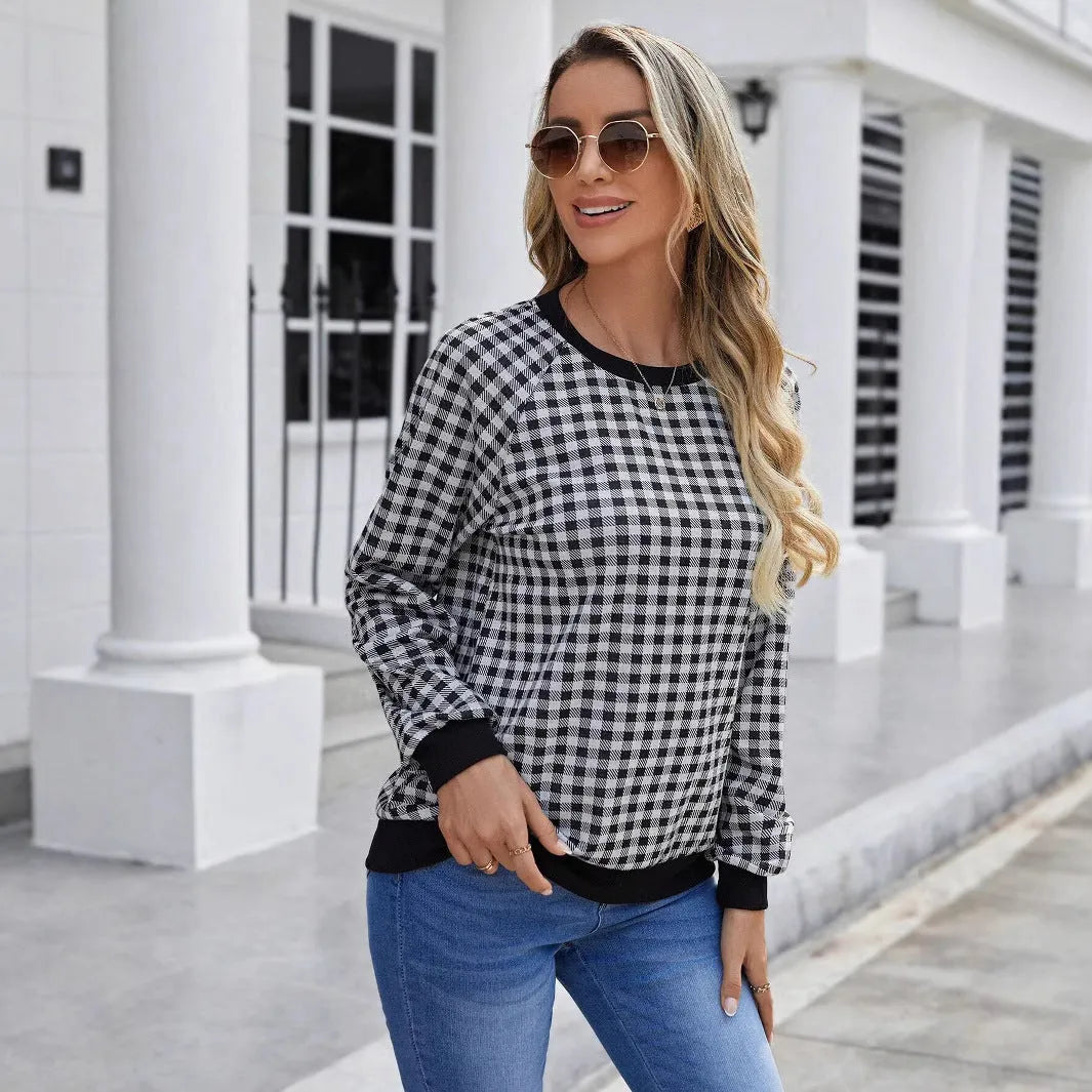 Black Japanese plaid pattern pullover sweater with long sleeves and stripe detailing
