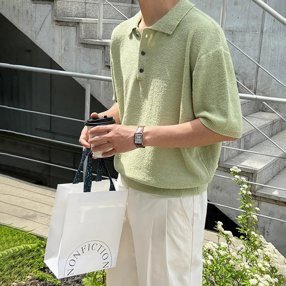 Retro knitted polo shirt for men with asymmetric design in caramel colour, showing short sleeves and loose fit