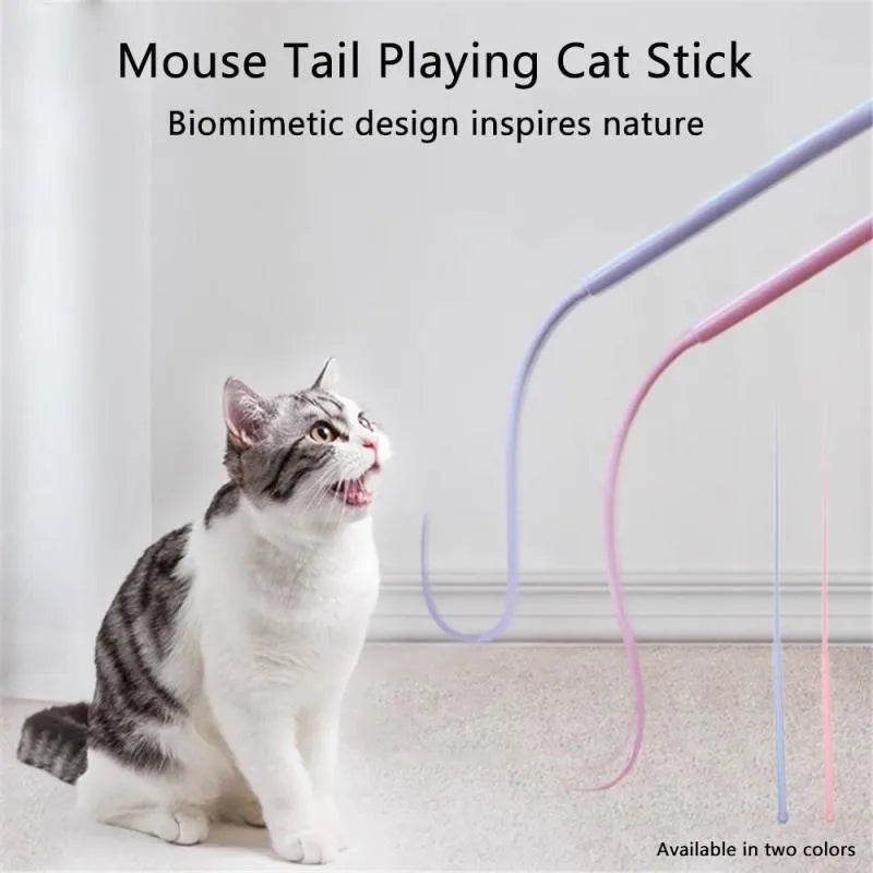 Blue silicone mouse tail cat teaser stick toy with cat head design, 80cm length