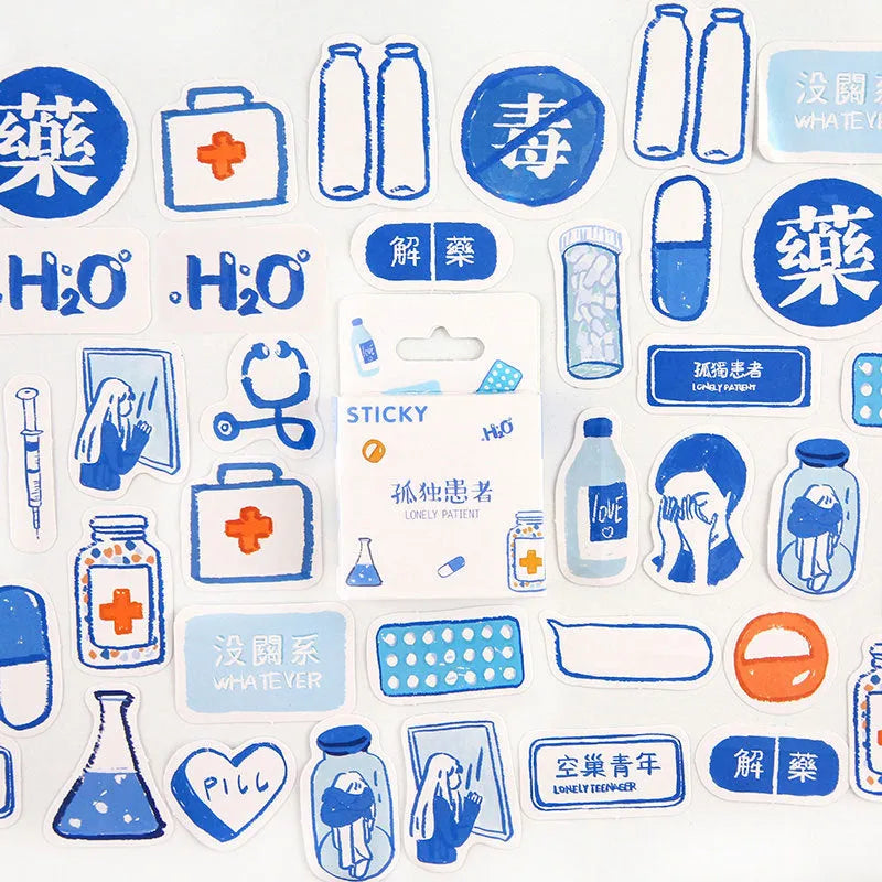Pack of 46 small colourful cartoon decorative stickers for journals, shown with themed sets.