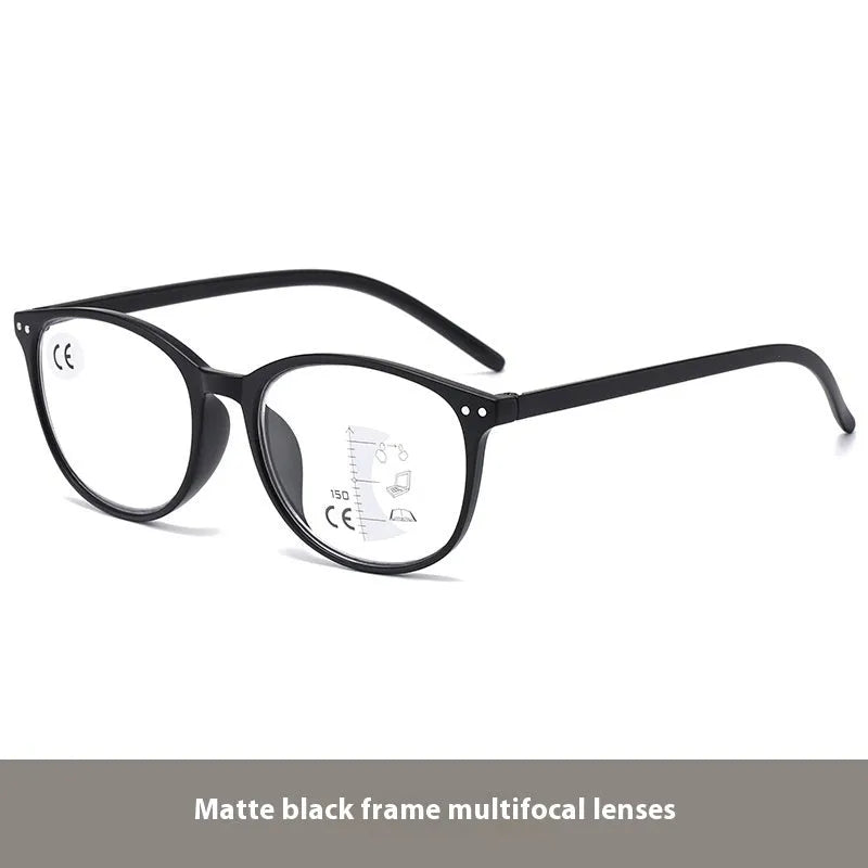 A pair of women's ultra-light multi-focus presbyopic glasses with a choice of frame colours on a plain background.