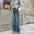 Women's retro blue straight-leg jeans with high waist in cotton denim fabric