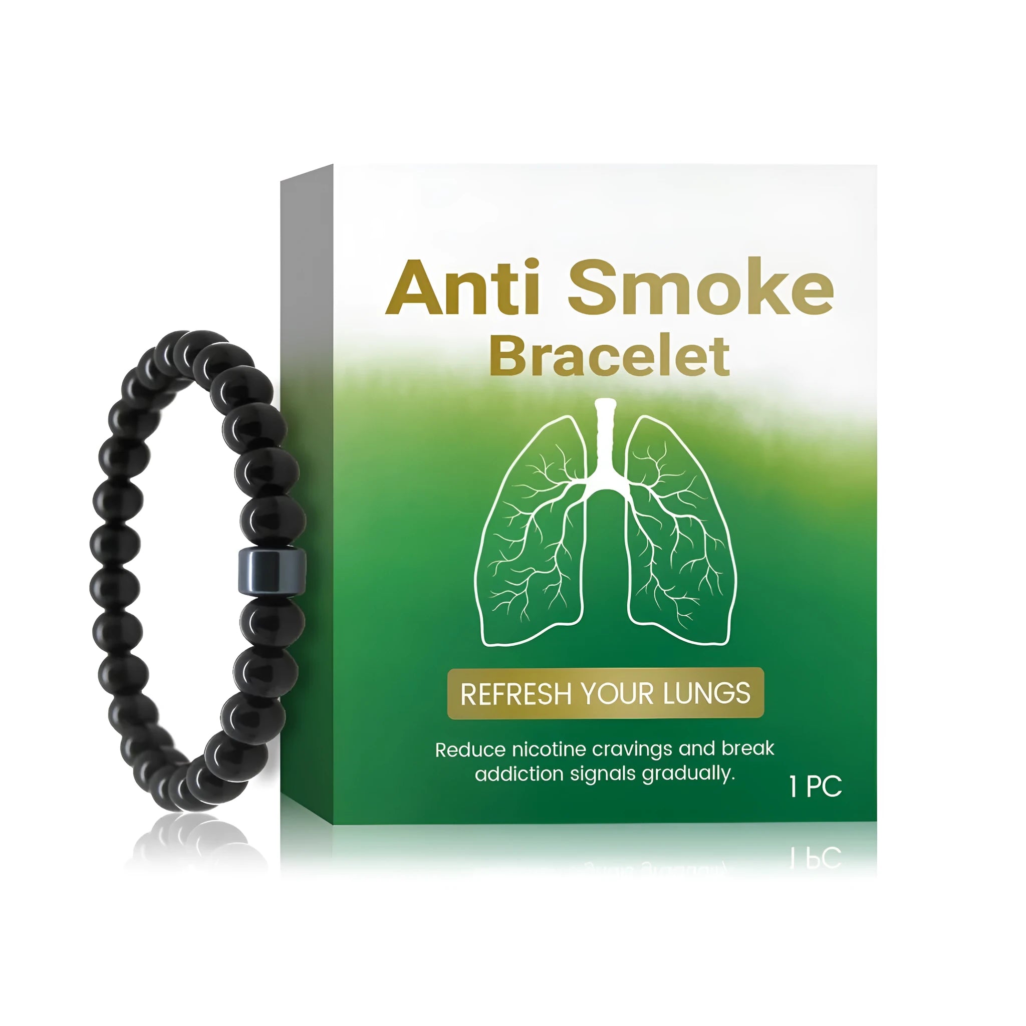 Men's bracelet made of glass and black gallstone beads on a wrist.