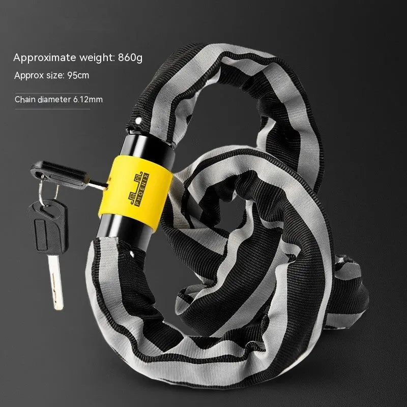 95cm black zinc alloy mountain bike chain lock with anti hydraulic shear protection shown securing bicycle frame