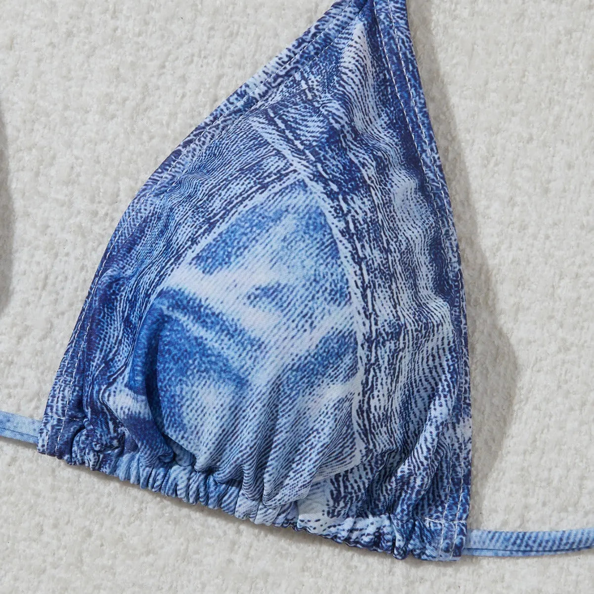 Women's denim blue printed bikini set with adjustable straps, front view