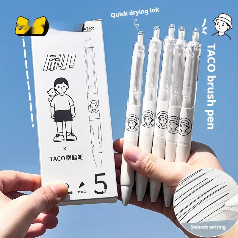 Five white and black plastic ballpoint pens with 0.5mm tips for writing