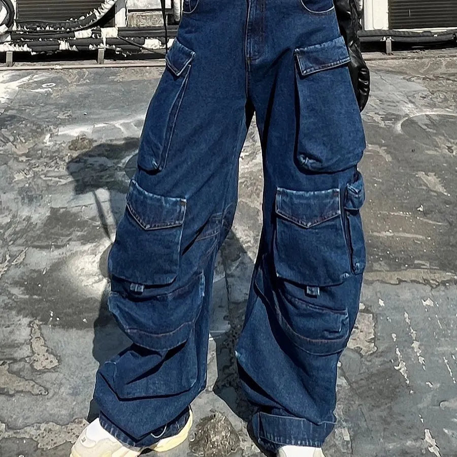 Dark blue distressed wide-leg women's jeans with high waist and multiple utility pockets