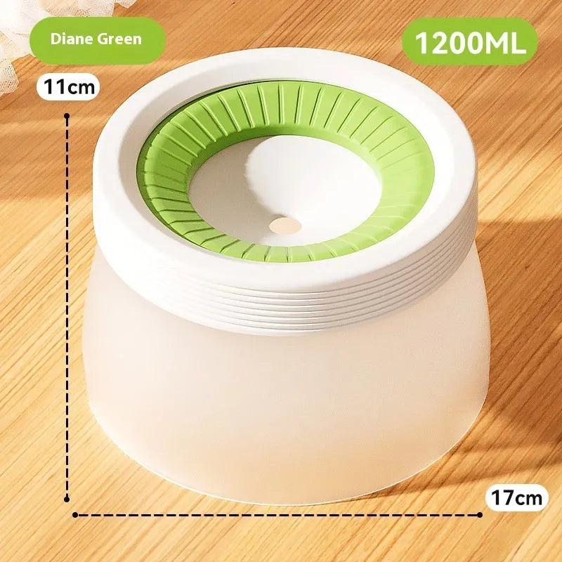 Suspended pet water bowl with non-wet mouth design in blue, green, and brown colours
