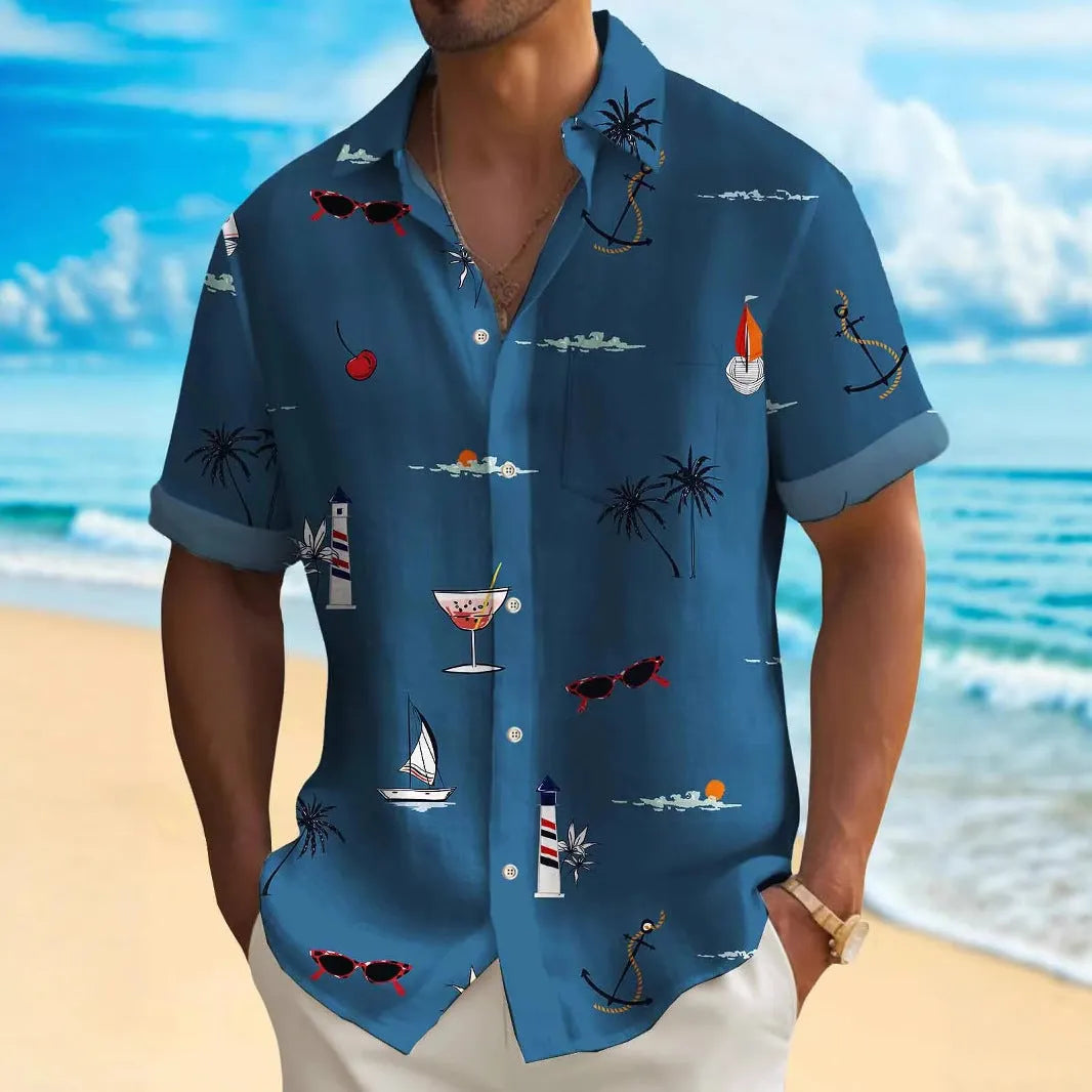 Men's loose fit Hawaiian shirt with digital print pattern and short sleeves
