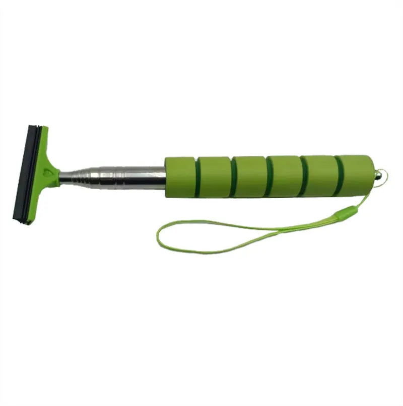 Retractable stainless steel car rearview mirror wiper extended to show full length.