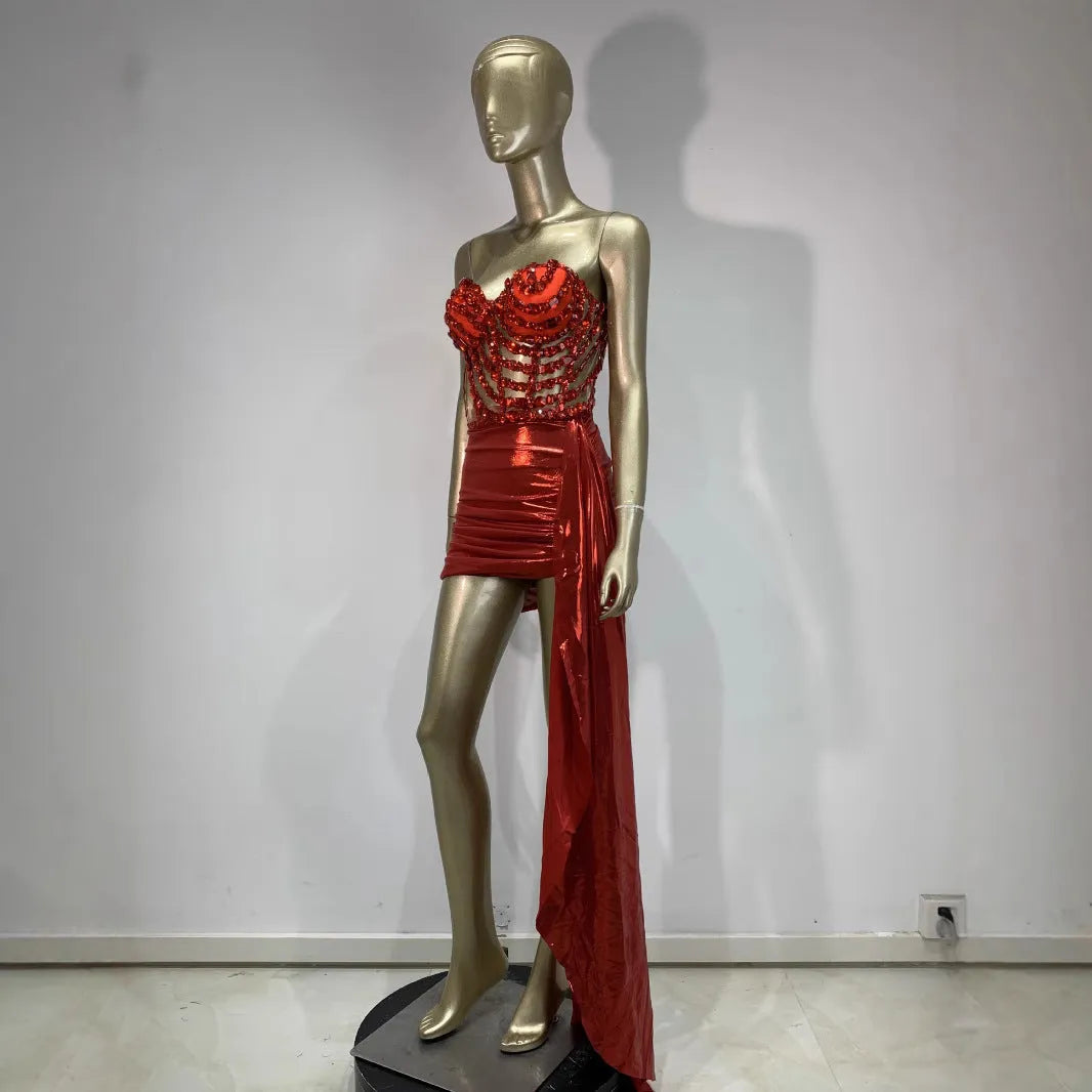Red hollow mesh see-through women's skirt suit for stage and banquet events