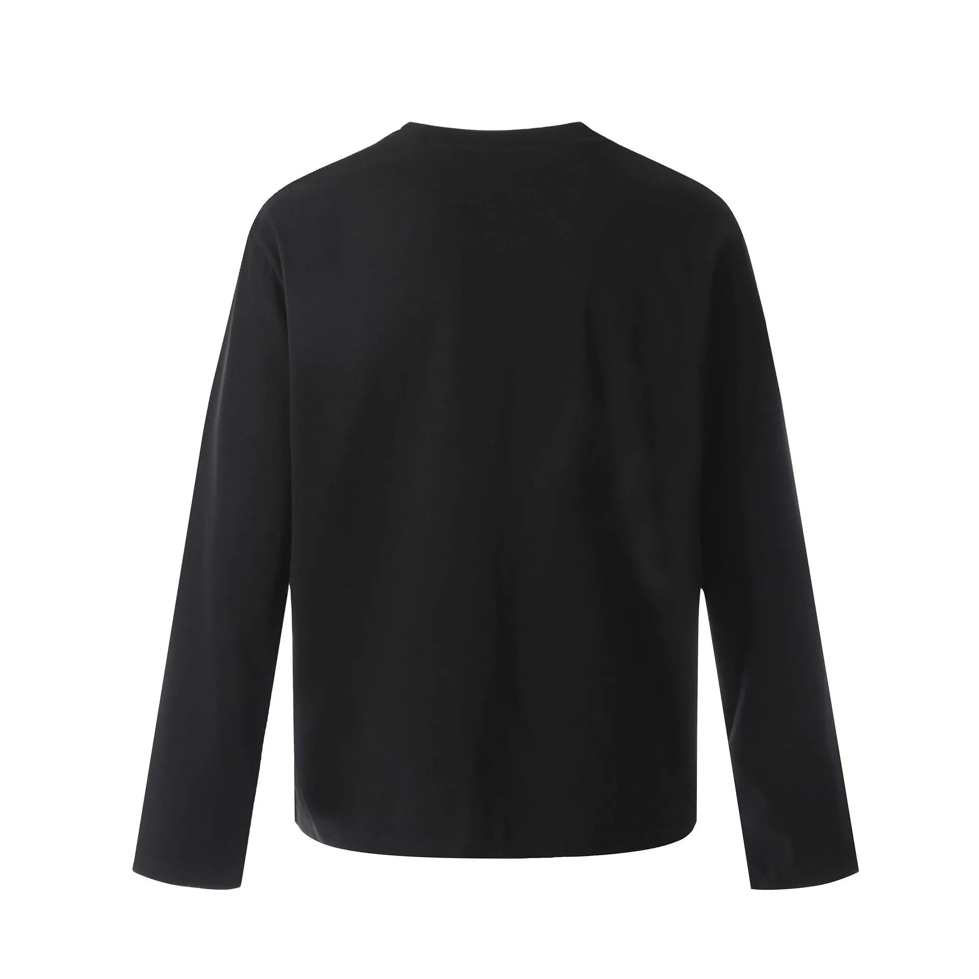 Man wearing a loose fit grey long sleeve cotton t-shirt for casual wear.
