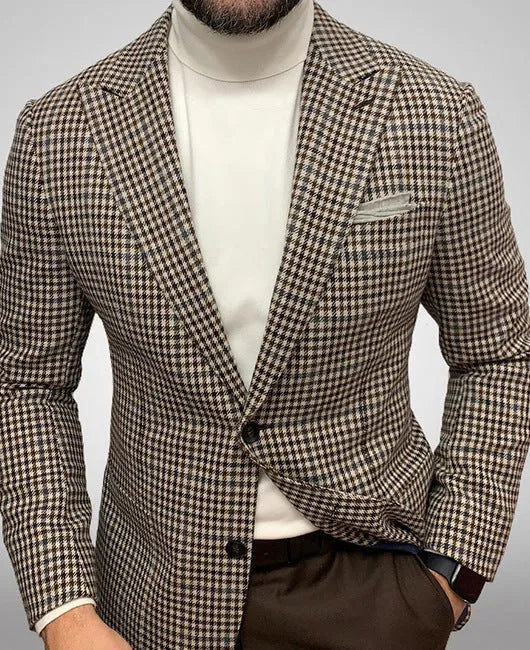 Men's slim fit British style suit jacket with two-button front and top stitching pockets