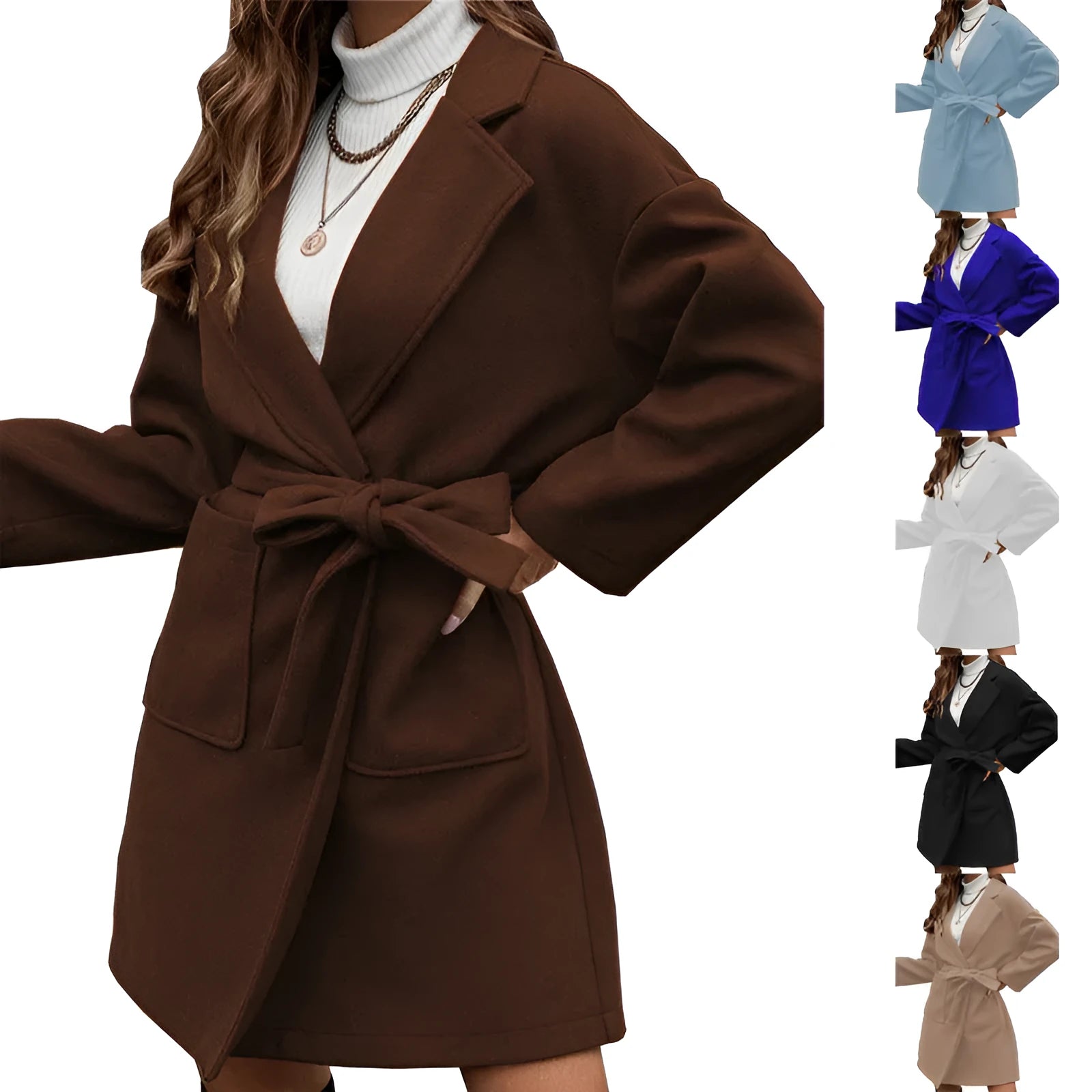 Loose fit thick polyester coat with lapel collar and belt in brown black white khaki and blue Korean casual style
