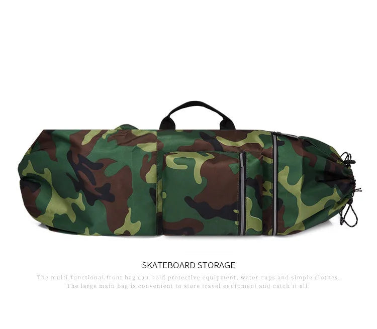 Waterproof nylon skateboard carry bag with 20-35 litre capacity in black camouflage colours
