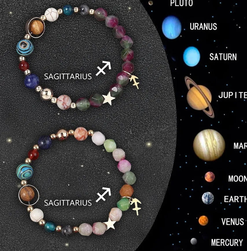 Natural stone beaded zodiac bracelets showing twelve astrological sign designs on elastic cord