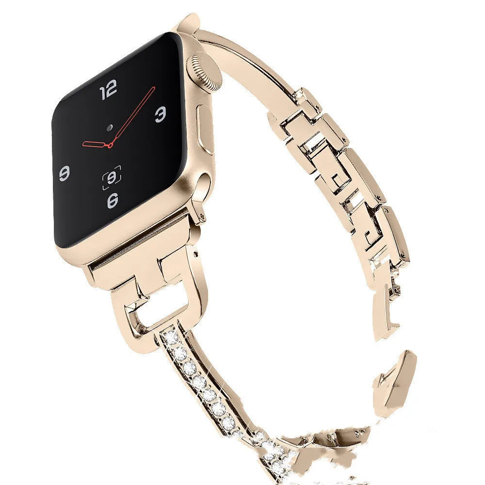 Smart watch with D-shaped metal diamond-patterned strap compatible with Apple Watch