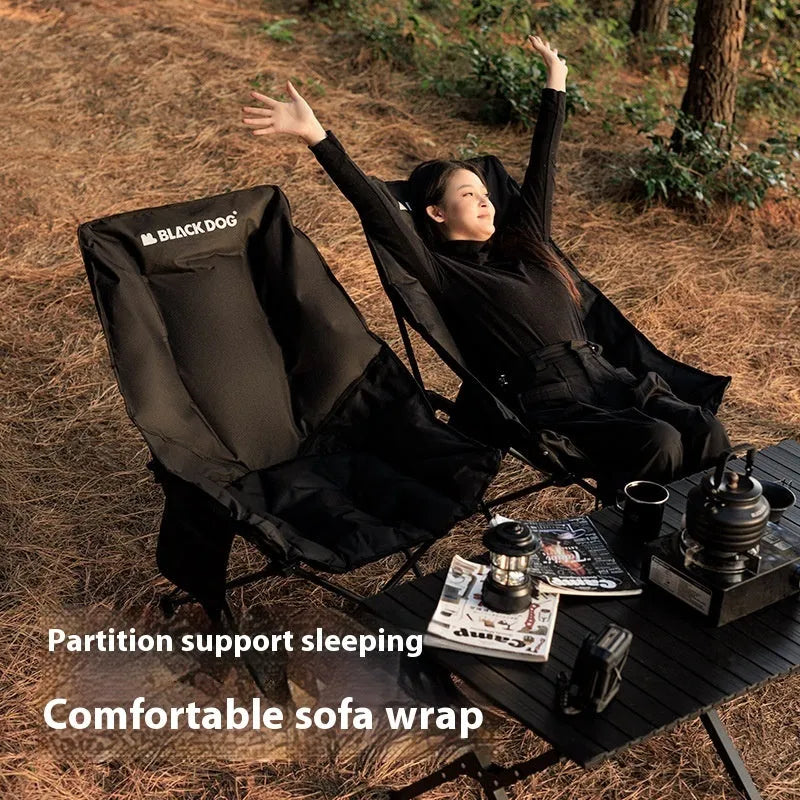 Night black portable camping recliner folding chair in moon chair style, shown both set up and folded.