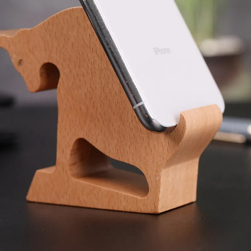 Solid beech wood mobile phone holder with detailed resin animal carving in choice of 22 animal styles
