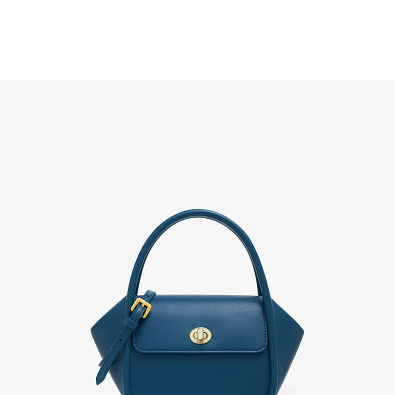 A soft cow leather wing-shaped tote handbag with a buckle and shoulder strap in black.