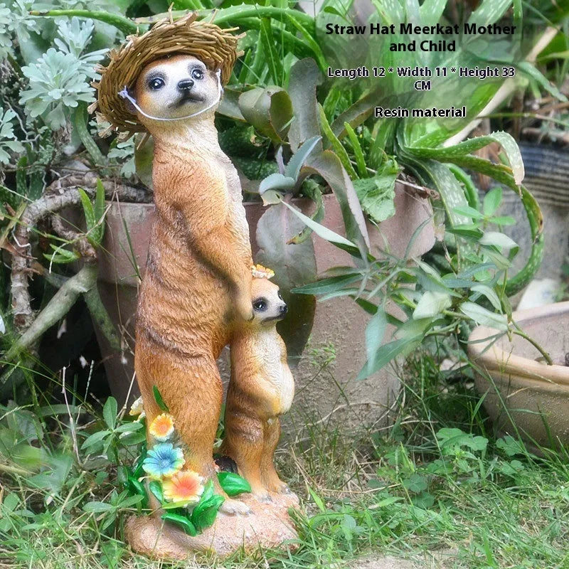 Straw hat mongoose garden ornament figurine with plastic resin construction