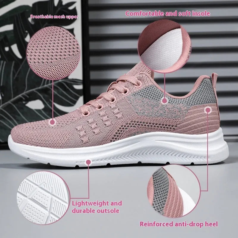 Women's black mesh sneakers with round toe and lace-up design on white background