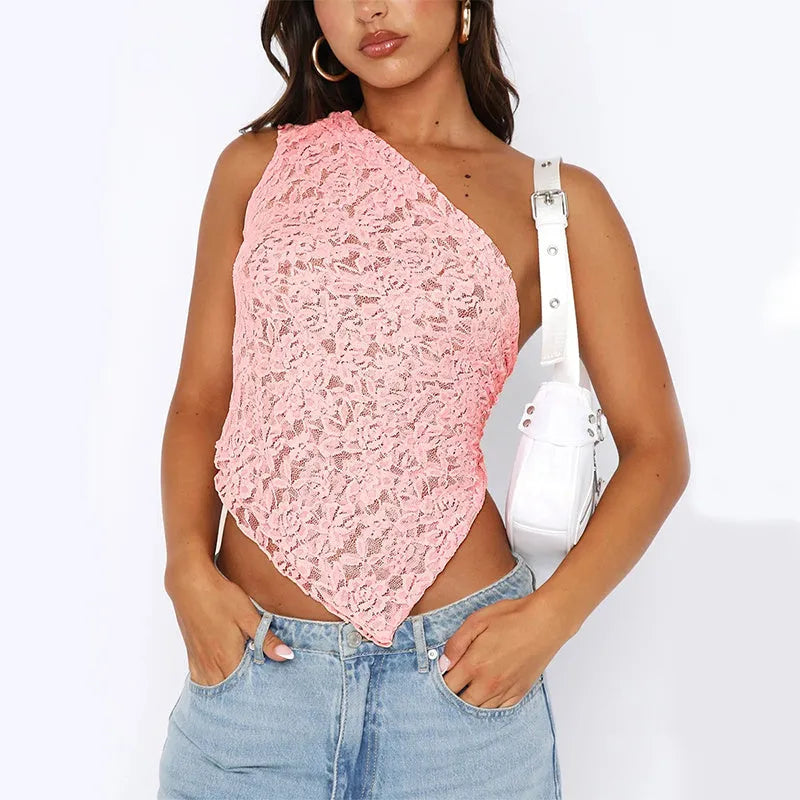 Women's slim-fit lace backless vest with an asymmetrical neckline in solid colour