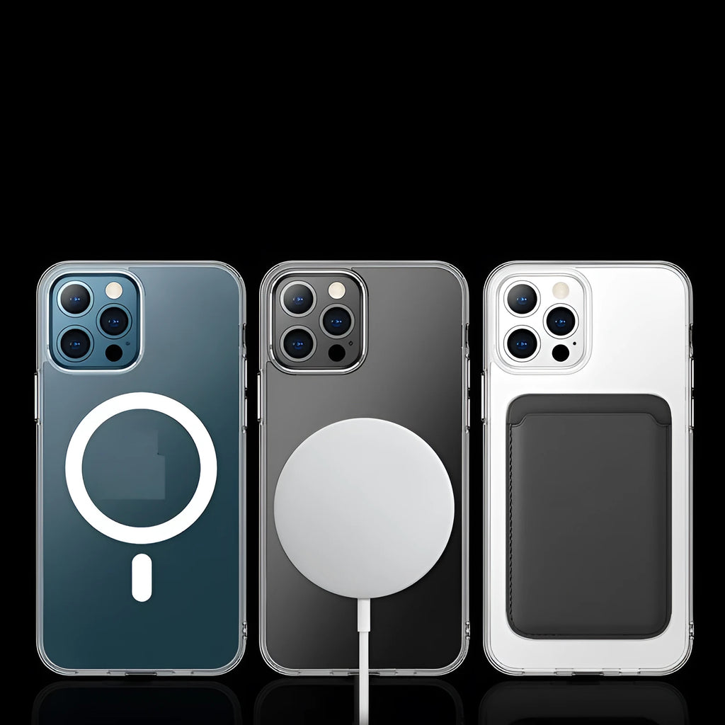 Transparent magnetic phone case for iPhone with visible MagSafe magnet ring on clear back cover.