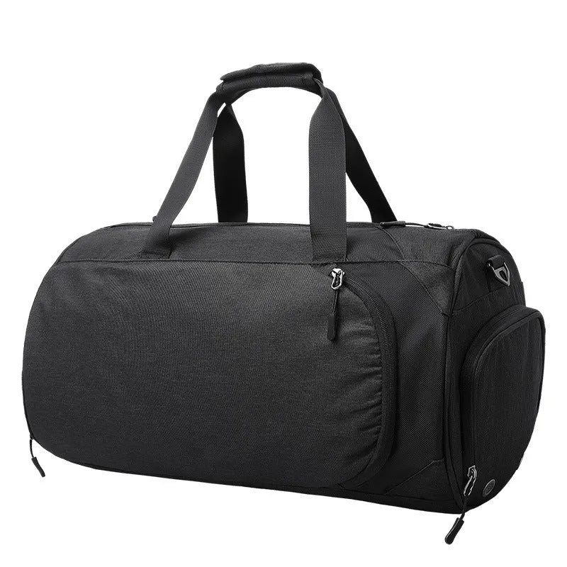 Light grey oval travel bag with multiple internal compartments for organisation.