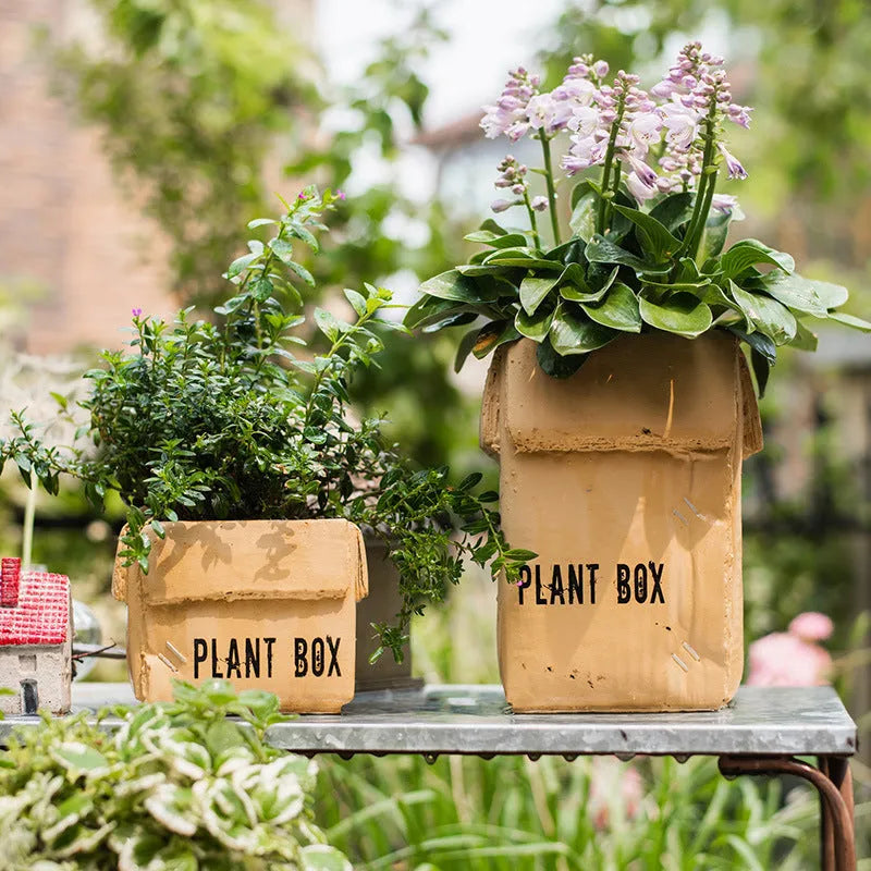 Cement brown paper box style flowerpot with bottom drainage hole for indoor balcony gardening