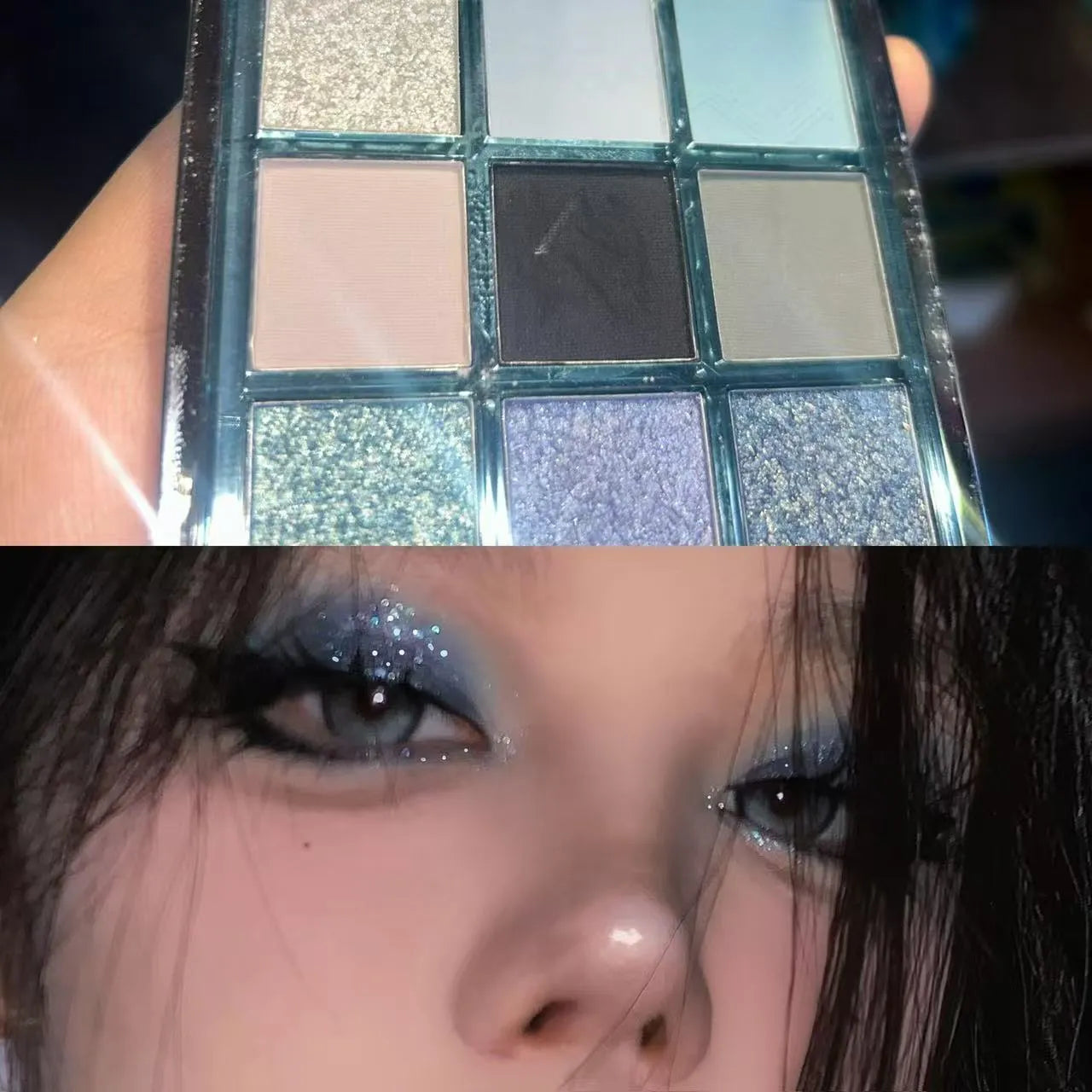 MUGELEEN nine-colour eye shadow palette shade 08 showing matte and shimmer blue smoked tones