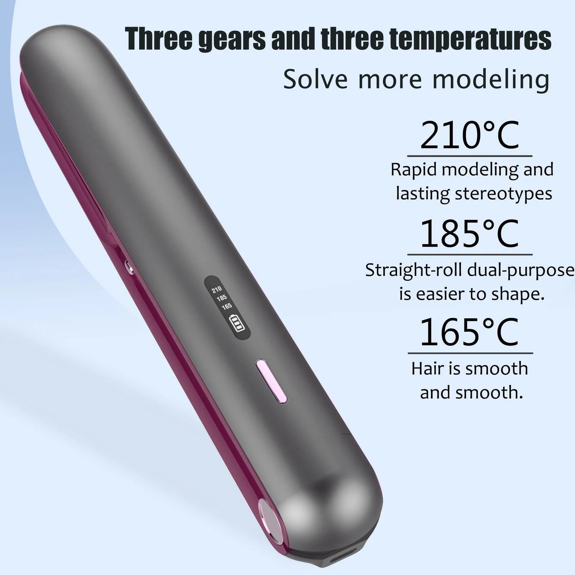 Moon shadow grey wireless hair straightener with plywood shell and LCD temperature display.