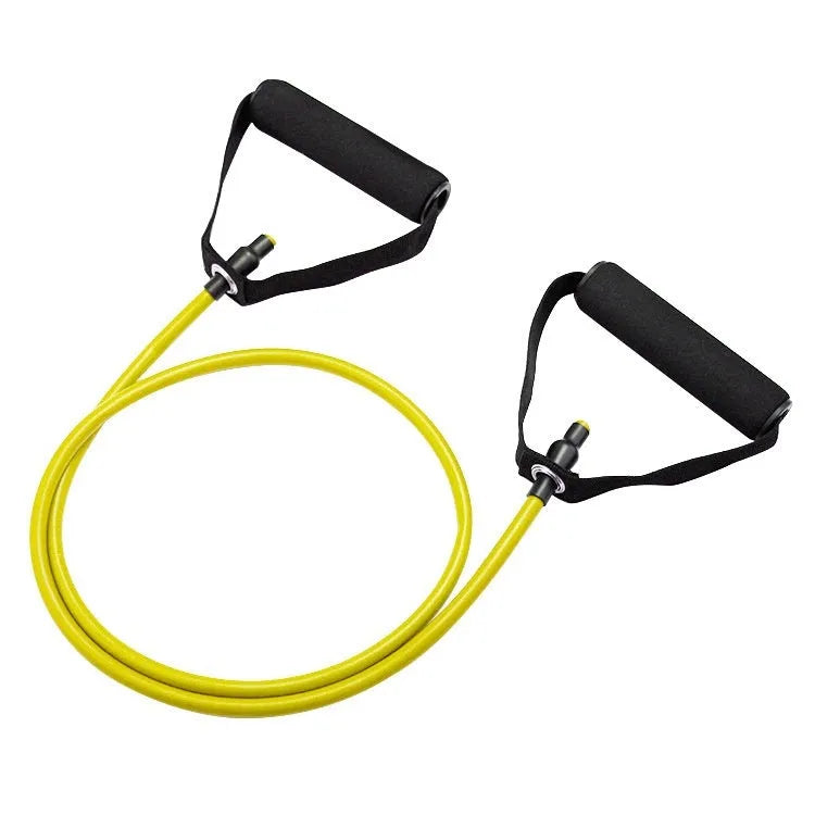 Colour-coded adjustable chest expander with TPE tension rope in yellow, green, red, blue, and black resistance levels