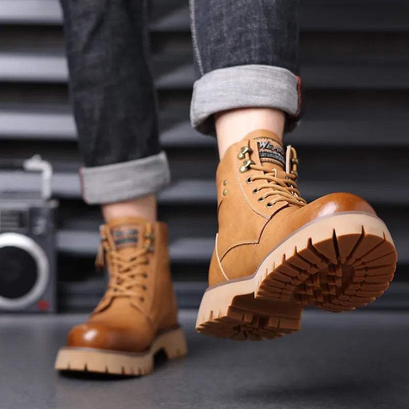 Men's brown thermal Martin boots with side zip and mid-heel design