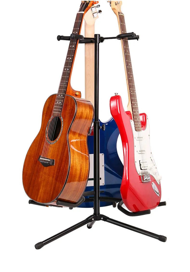 Black vertical double-headed adjustable guitar stand holding two guitars