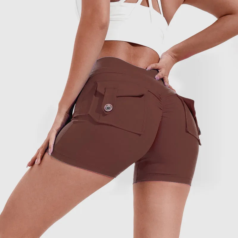 Women's high-waisted fitness shorts with pockets in various solid colours