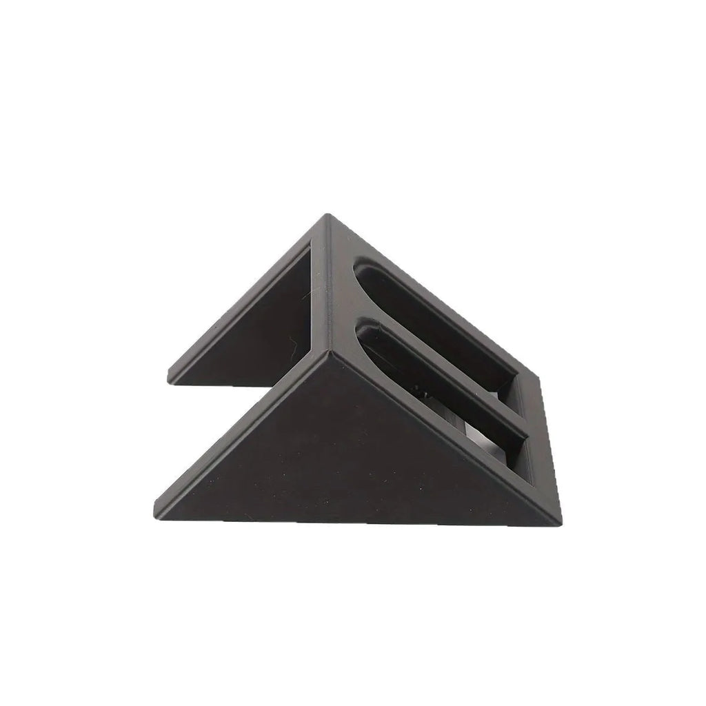 Black punk-style plastic pistol stand for airsoft and display models, measuring 10.85 by 7.6 cm.