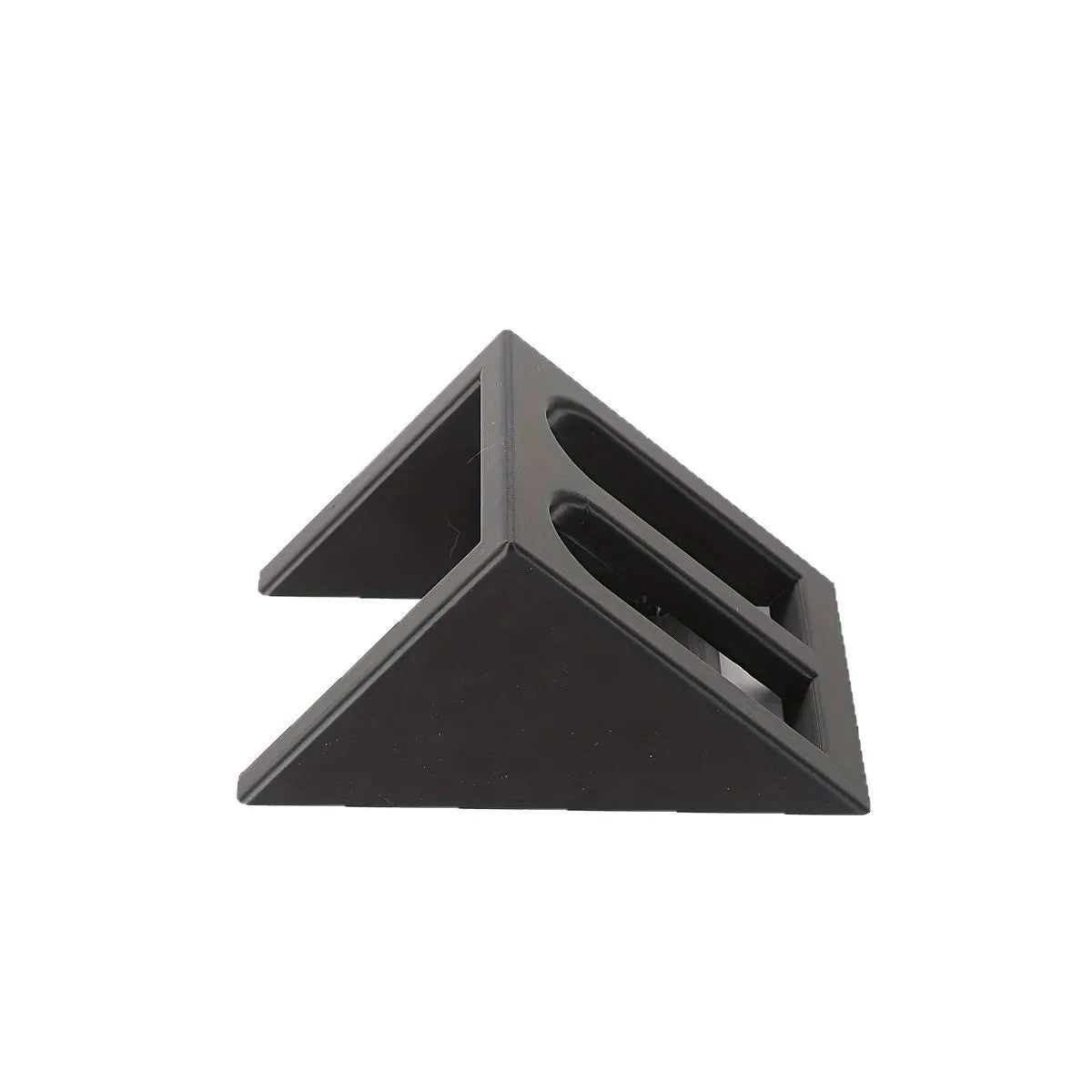 Black punk-style plastic pistol stand for airsoft and display models, measuring 10.85 by 7.6 cm.