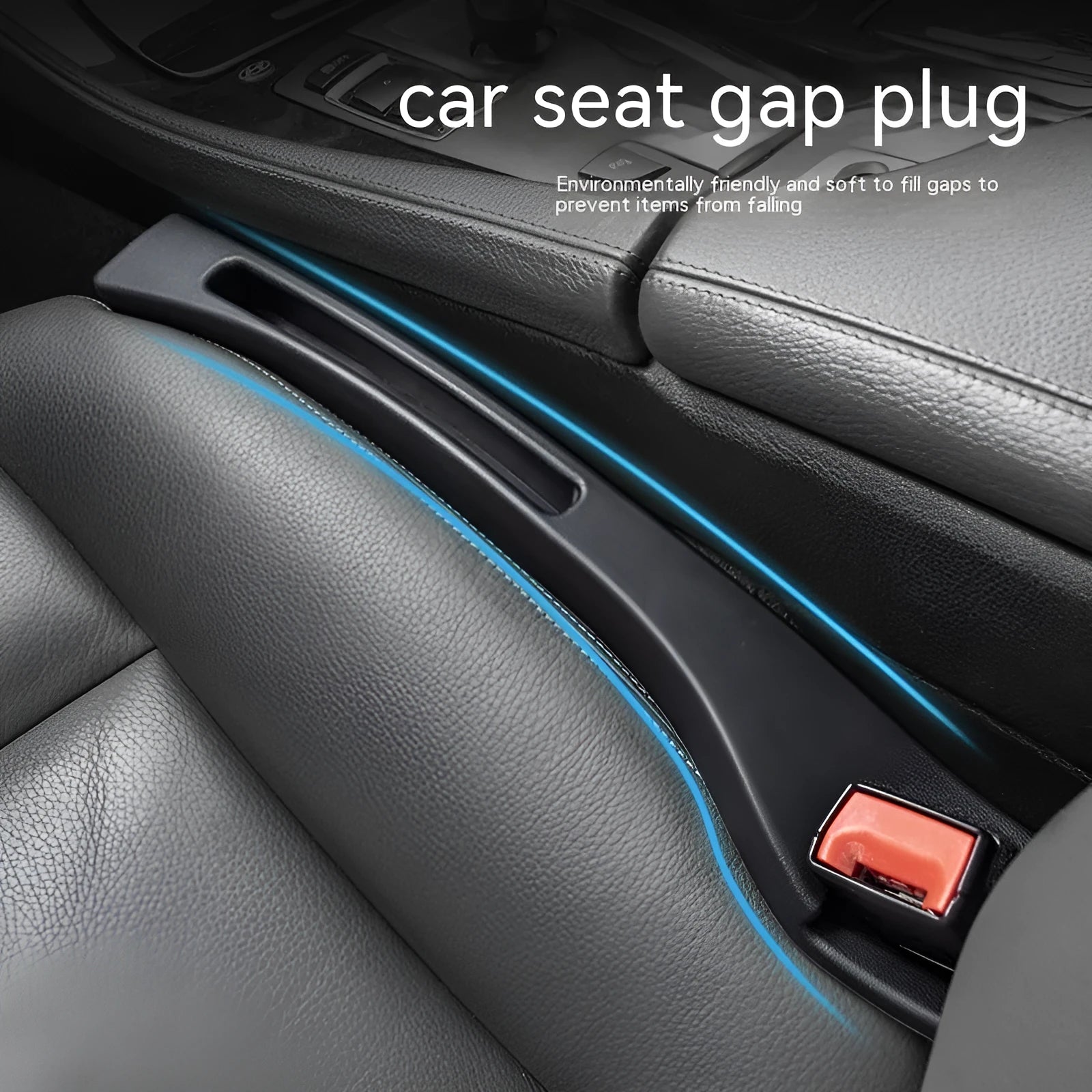 Black car gap storage box with handle positioned between car seats