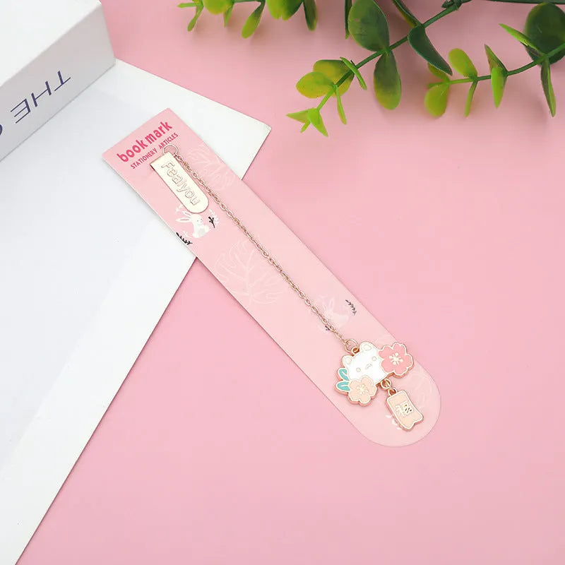 Metal pendant bookmark with cherry blossom cat and rabbit cartoon designs for books and journals