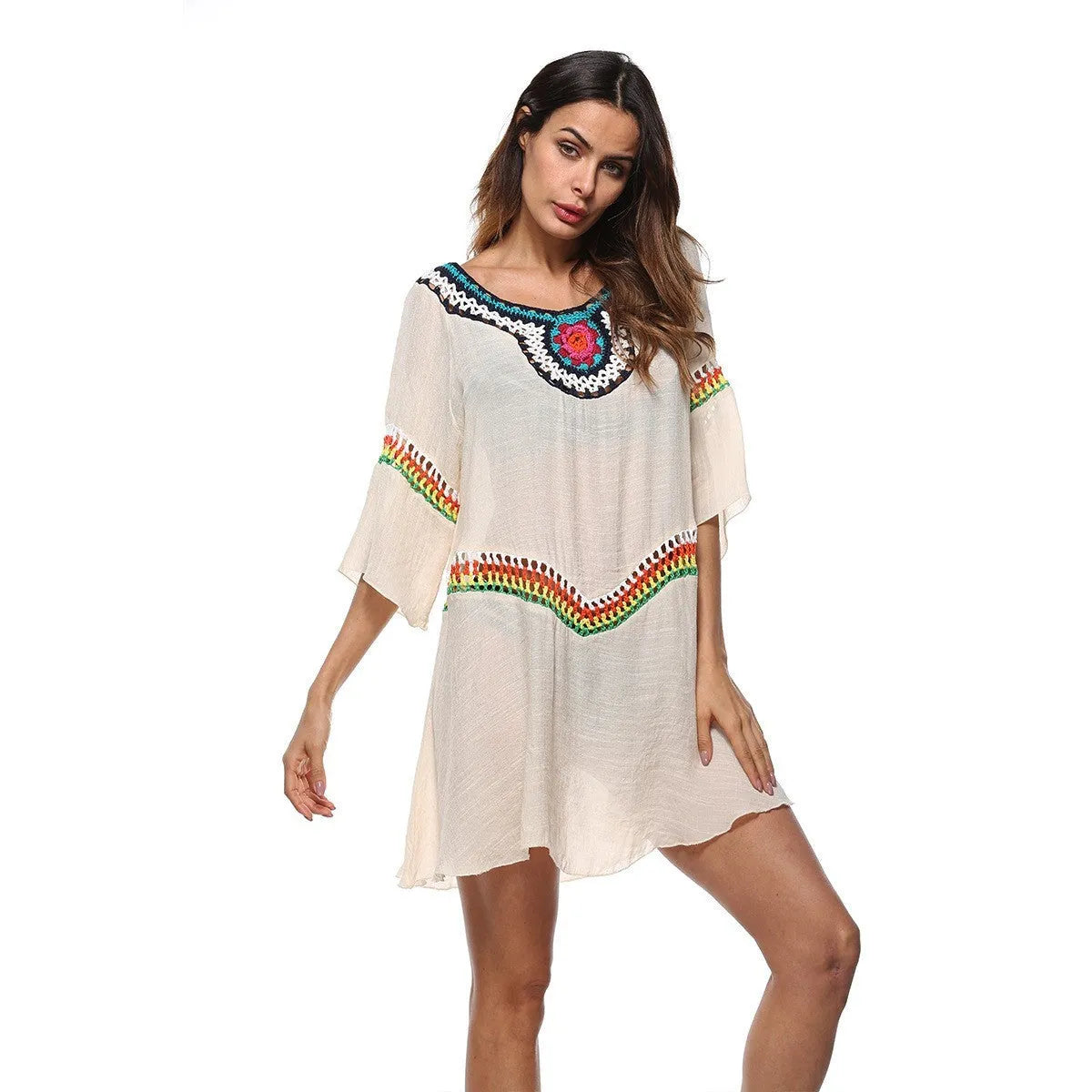 Women's crocheted ethnic style sun protection clothing cover-up in apricot colour.