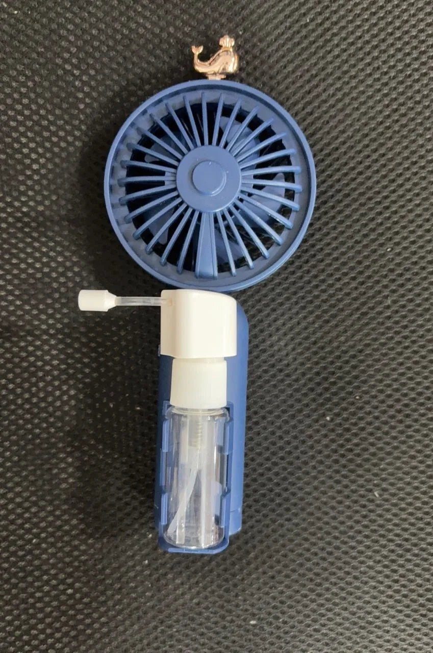 Colourful plastic USB rechargeable personal fan shown in apricot, blue, green, orange, and pink nozzle options.