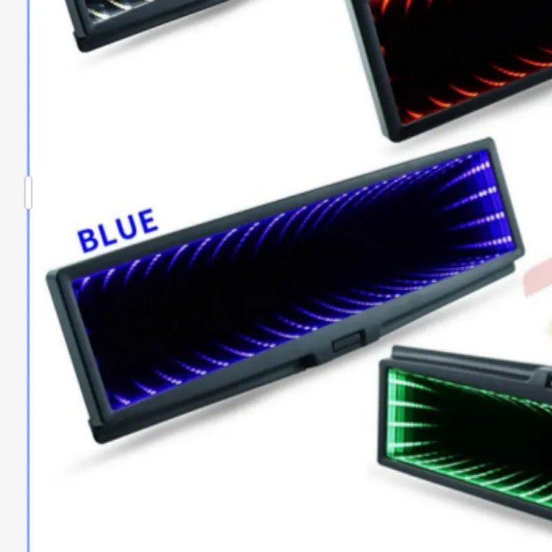 Blue plastic car rearview mirror with illuminated lighting and a wide, flat reflective surface.