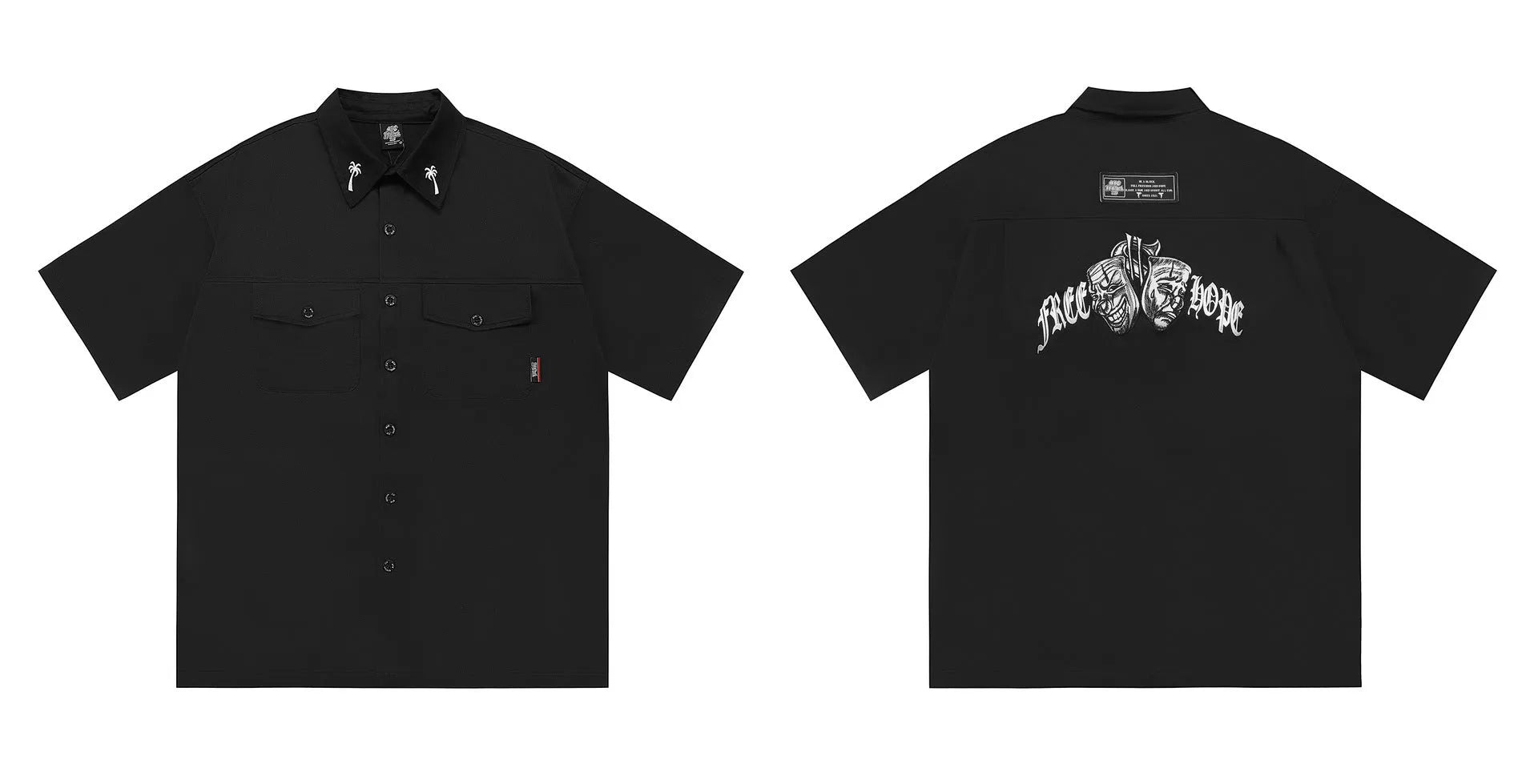 Men's black cotton blend half sleeve shirt with embroidered detail and front pockets in loose plus-size fit