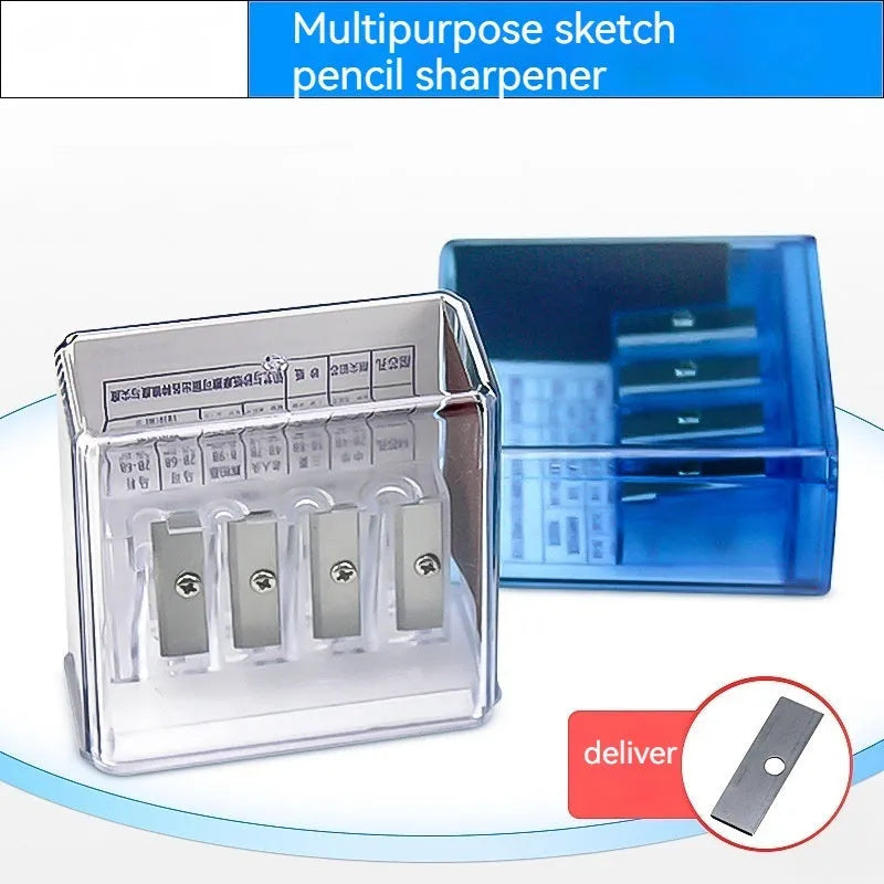 Geometric-shaped four-hole pencil sharpener with plastic construction and screwdriver accessory